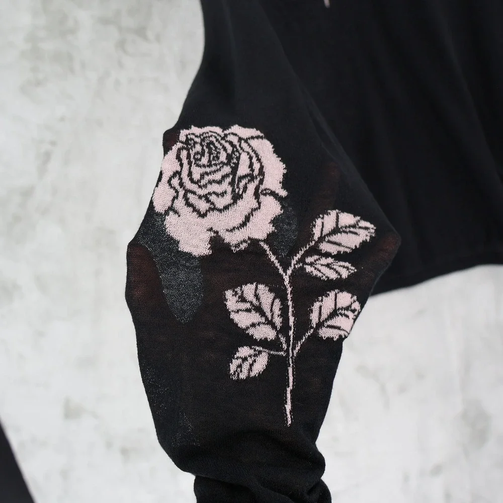 Black Rose-Embroidered Lightweight Sweater - Picture 10 of 16